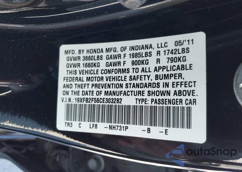 2012 Honda Civic Lx из США, поврежденный, VIN 19XFB2F56CE303282